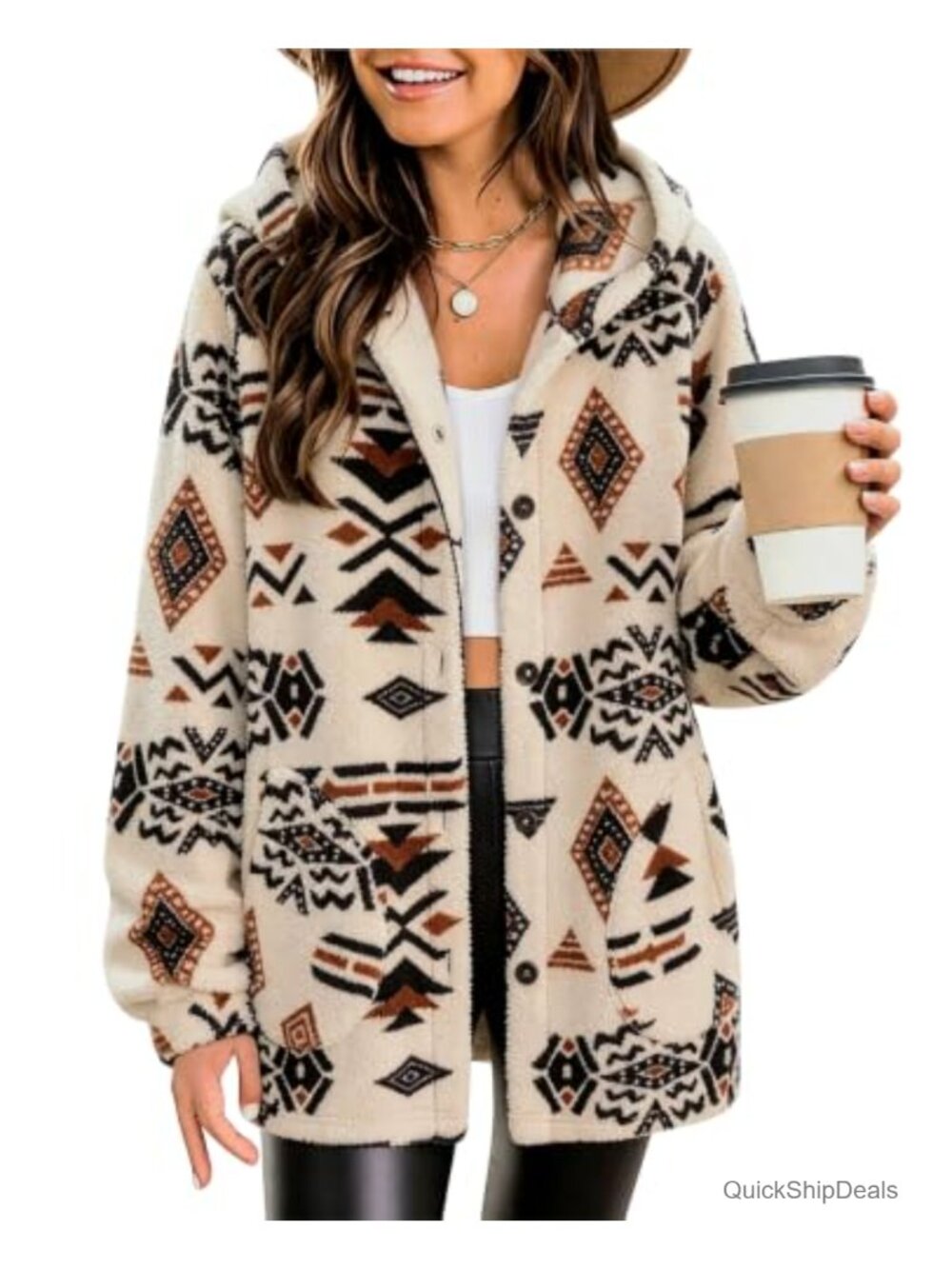 Fleece Hoodie Jacket Button Down Sherpa Aztec Print Coat